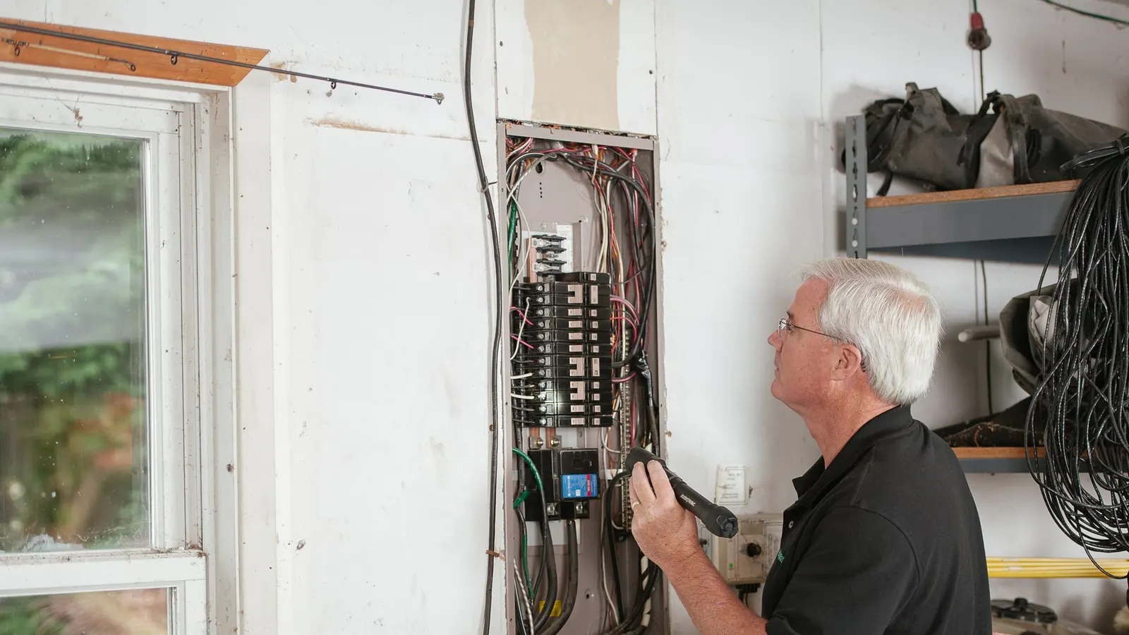 Electrician in Lynn, MA inspecting a residential electrical panel